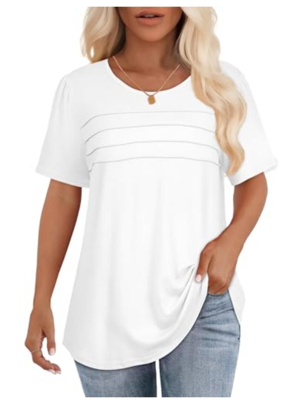 Womens Pleated Front Tunic Top Short Sleeve Cotton Blend Summer Blouse